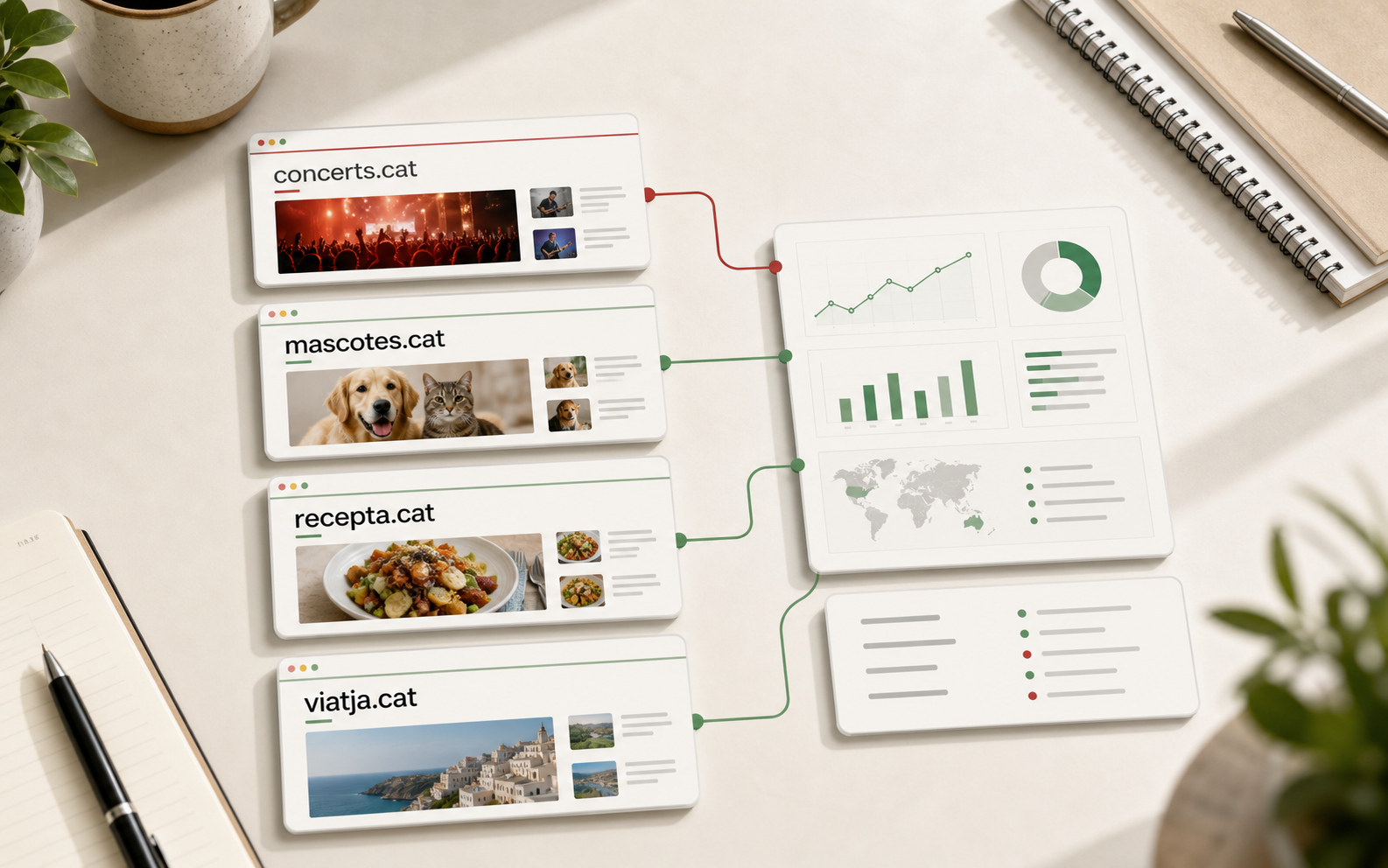 Visual editorial amb els dominis concerts.cat, mascotes.cat, recepta.cat i viatja.cat connectats a un informe de resultats